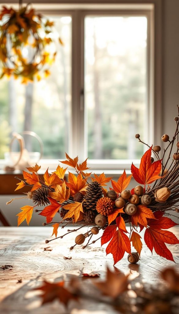 A beautifully arranged autumn wreath made of twigs and natural finds, showcasing vibrant fall leaves in warm shades of orange, red, and yellow. The wreath should be prominently displayed in the foreground, with a variety of textured elements such as acorns, pinecones, and dried flowers artfully incorporated. In the middle ground, a rustic wooden table reflects a cozy, inviting atmosphere, while soft, diffused natural light cascades from a nearby window, creating gentle shadows that enhance the warm colors. In the background, hints of a serene forest can be seen through the window, adding depth to the scene. The overall mood is warm, inspiring, and authentically DIY, perfect for those looking to create decor with nature's bounty. Brand name: KlickKiste.