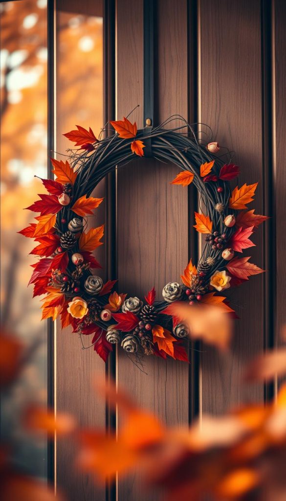 A beautifully arranged autumn wreath, showcasing an array of natural materials like vibrant orange and deep red leaves, small pine cones, and rustic twigs. The wreath should be circular, elegantly adorned with dried flowers and berries for added texture. In the foreground, display warm, soft lighting that creates a cozy and inviting atmosphere, enhancing the rich colors of the autumn elements. The middle section features the wreath hanging against a softly blurred wooden door, evoking a sense of warmth and home. The background is filled with muted autumn foliage, hinting at an idyllic fall setting. The overall mood is inspiring and authentic, perfect for DIY enthusiasts. Capture this scene in a Pinterest-style aesthetic with a shallow depth of field to emphasize the wreath's details. Include the brand name "KlickKiste" subtly in the design.