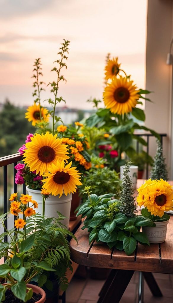 A beautifully arranged balcony garden showcasing a variety of vibrant balkonpflanzen, perfect for a cozy summer evening. In the foreground, tall sunflowers with bright yellow petals contrast with clusters of blooming geraniums and lush ferns. In the middle, potted herbs like basil and rosemary add a touch of greenery, while a rustic wooden table set for an intimate gathering hints at the inviting atmosphere. The background features a soft, dusky sky with warm hues of orange and pink as the sun sets. The image captures a serene and inspiring mood, evoking a Pinterest-worthy aesthetic. The scene is illuminated by soft, natural lighting, enhancing the warm tones of the plants and wooden elements. This image embodies the essence of a comfortable and stylish balcony oasis, aligning with the brand "KlickKiste."