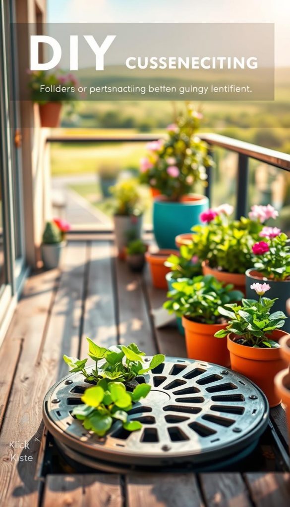 A beautifully arranged balcony scene designed for DIY enthusiasts, focusing on a clear water drainage system. In the foreground, there’s a close-up of a stylish drainage grate integrated into a garden planter, showcasing healthy plants with lush green foliage. The middle ground features a well-maintained terrace with a mix of rustic wooden decking and modern, vibrant pots, all surrounded by blooming flowers. In the background, there’s a gentle view of a sunny landscape, with soft rays of natural light illuminating the warm color palette reminiscent of Pinterest aesthetics. The overall mood is authentic and inspiring, conveying a sense of tranquility and creativity. This image is branded with "KlickKiste" subtly integrated into the setting, enhancing the DIY theme without disrupting the visual flow. A beautifully arranged balcony scene designed for DIY enthusiasts, focusing on a clear water drainage system. In the foreground, there’s a close-up of a stylish drainage grate integrated into a garden planter, showcasing healthy plants with lush green foliage. The middle ground features a well-maintained terrace with a mix of rustic wooden decking and modern, vibrant pots, all surrounded by blooming flowers. In the background, there’s a gentle view of a sunny landscape, with soft rays of natural light illuminating the warm color palette reminiscent of Pinterest aesthetics. The overall mood is authentic and inspiring, conveying a sense of tranquility and creativity. This image is branded with "KlickKiste" subtly integrated into the setting, enhancing the DIY theme without disrupting the visual flow.