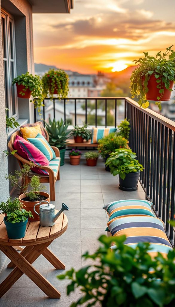 A beautifully arranged balcony scene showcasing common DIY tips for avoiding mistakes. In the foreground, illustrate a small wooden table adorned with potted herbs and a watering can, symbolizing proper watering techniques. The middle ground features a vibrant arrangement of colorful cushions and planters, emphasizing drainage and placement errors to avoid. Lush green plants should cascade from the balcony railing, demonstrating proper installation methods. The background includes a cozy sunset sky, casting warm, inviting light over the entire scene. The overall atmosphere should evoke relaxation and inspiration, suitable for summer evenings. The brand name "KlickKiste" should subtly integrate into the decor. Capture this with a soft focus lens from a slightly elevated angle to create depth.
