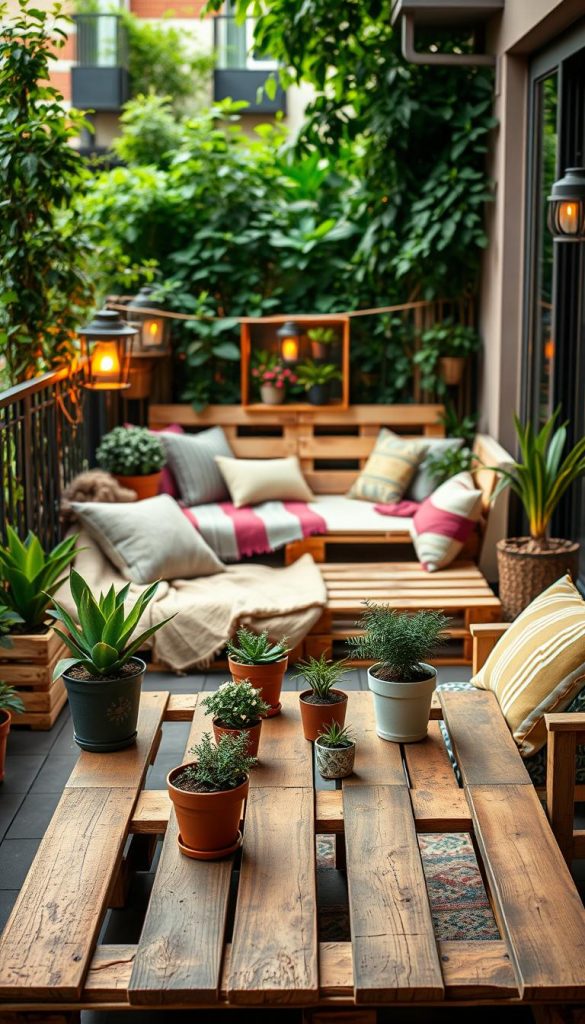 A beautifully arranged balcony scene showcasing creatively upcycled furniture made from wooden pallets. In the foreground, a rustic pallet coffee table adorned with potted plants and soft, cozy cushions invites relaxation. The middle ground features a comfy pallet seating area, decorated with colorful throws and lanterns, exuding a warm, welcoming vibe. The background is adorned with lush greenery, creating a tranquil oasis in a small urban space. Soft, golden lighting bathes the scene, enhancing the inviting atmosphere. The image captures a Pinterest-worthy aesthetic, with natural texture and warm colors. Emphasize the essence of sustainable living in a stylish way, inspired by the brand KlickKiste.