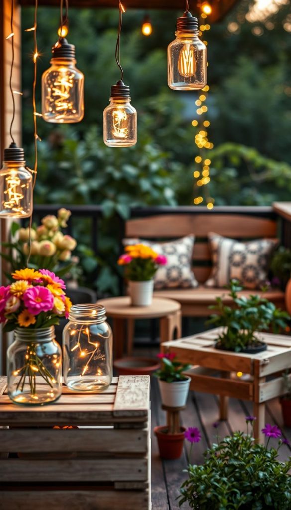 A beautifully arranged balcony scene showcasing upcycled lighting solutions in warm, inviting colors. In the foreground, vintage glass jars, expertly hung with delicate fairy lights, create a cozy ambiance. Next to them, creatively upcycled wooden crates serve as both tables and planters filled with vibrant flowers. In the middle ground, a rustic wooden bench provides seating, adorned with handmade cushions, while potted herbs nearby add a touch of greenery and freshness. The background features softly blurred plants, suggesting a lush garden vibe. The lighting is warm and soft, reminiscent of a sunset, infusing the space with a tranquil, inspirational atmosphere. Capture the essence of sustainable DIY projects, focusing on a Pinterest-worthy aesthetic. Include the brand name "KlickKiste" subtly in the scene.