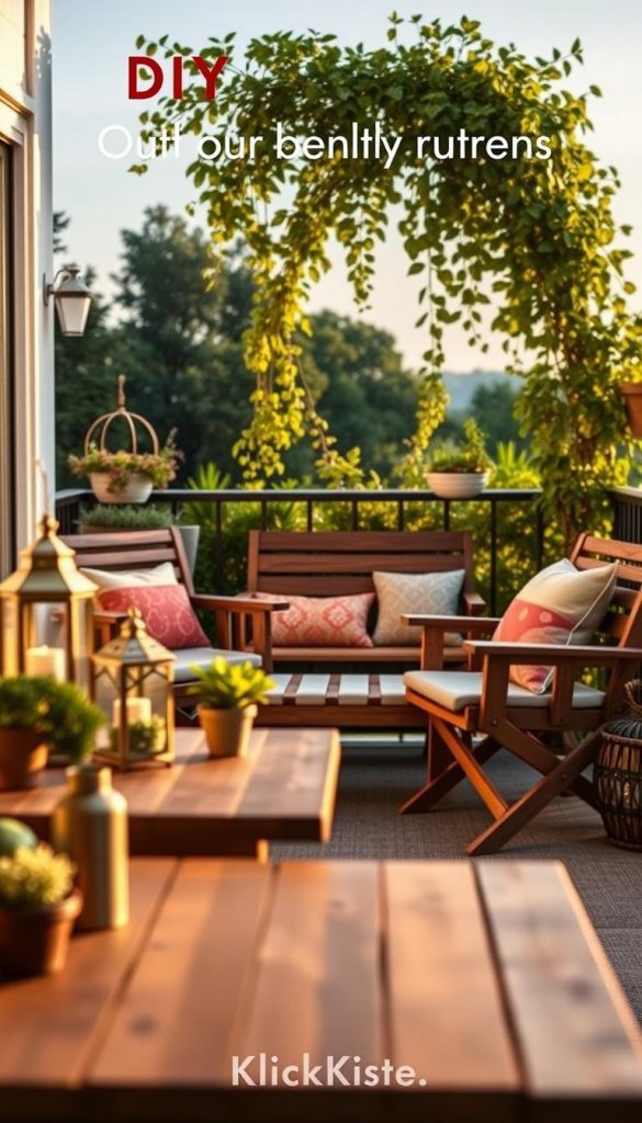 A beautifully arranged balcony scene showcasing various DIY furniture ideas for outdoor spaces. In the foreground, a sturdy wooden table is adorned with potted plants and decorative lanterns, creating an inviting atmosphere. The middle features a pair of stylish, handcrafted chairs with cozy cushions, positioned next to a small wooden bench adorned with vibrant throw pillows. The background displays a lush green garden with climbing plants and a clear blue sky, enhancing the feeling of relaxation. Soft, warm lighting bathes the scene in a golden hue, evoking a tranquil evening. The overall mood is authentic and inspiring, capturing the charm of DIY balcony furnishings. Brand name "KlickKiste" subtly integrated into the natural aesthetics of the furniture design.