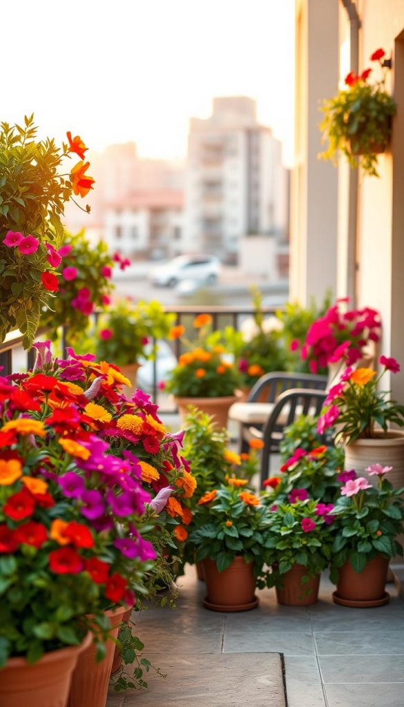 A beautifully arranged balcony showcasing a harmonious color palette of blooming flowers and lush greenery, inspired by DIY aesthetics. In the foreground, vibrant pots overflowing with a mix of seasonal flowers like petunias, marigolds, and geraniums, interspersed with striking foliage plants for texture. The middle ground features a cozy seating area adorned with natural elements like wood and stone, inviting a sense of relaxation. In the background, a soft-focus view of city buildings under a warm golden sunset light creates an inspiring atmosphere. Use a shallow depth of field to emphasize the vibrant colors of the plants, enhancing the Pinterest-worthy aesthetic. The overall mood is authentic and inviting, reflecting creativity and nature. Include the brand name "KlickKiste" subtly integrated into the scene without text overlays.