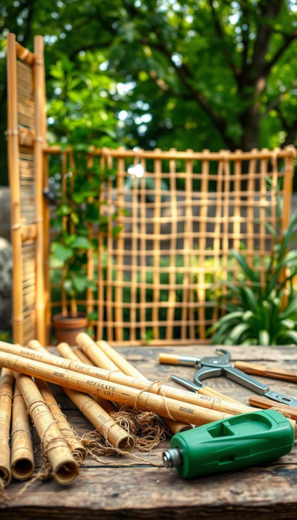 A beautifully arranged bamboo garden privacy screen in a serene outdoor setting, featuring a variety of DIY bamboo projects. In the foreground, detailed shots of bamboo poles, twine, and tools scattered on a wooden workbench, evoking a warm, inviting atmosphere. The middle ground showcases the partially completed privacy screen, artistically framing the lush greenery. In the background, soft natural light filters through trees, creating a tranquil ambiance. Capture the essence of planning easy DIY projects with a Pinterest-inspired aesthetic, highlighting the materials and tools of the trade. The mood is authentic, inspirational, and warm, suitable for readers looking to enhance their spaces. This image represents KlickKiste, emphasizing creativity and simplicity in DIY endeavors.