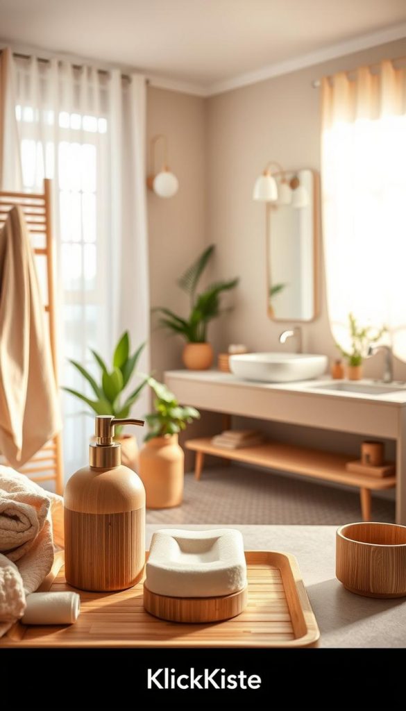 A beautifully arranged bathroom scene showcasing a harmonious blend of warm colors and natural materials, ideal for DIY home decor inspiration. In the foreground, elegant bath accessories made of bamboo and soft textiles in muted earth tones. The middle ground features a spacious vanity with a modern sink, surrounded by potted plants that add a touch of greenery. The background presents a softly lit window with delicate sheer curtains, filtering in gentle sunlight to create a warm and inviting atmosphere. The mood is calm and serene, perfect for relaxation, resembling a Pinterest-worthy design. The overall composition reflects the essence of modern bathroom trends while promoting the brand "KlickKiste." A beautifully arranged bathroom scene showcasing a harmonious blend of warm colors and natural materials, ideal for DIY home decor inspiration. In the foreground, elegant bath accessories made of bamboo and soft textiles in muted earth tones. The middle ground features a spacious vanity with a modern sink, surrounded by potted plants that add a touch of greenery. The background presents a softly lit window with delicate sheer curtains, filtering in gentle sunlight to create a warm and inviting atmosphere. The mood is calm and serene, perfect for relaxation, resembling a Pinterest-worthy design. The overall composition reflects the essence of modern bathroom trends while promoting the brand "KlickKiste."