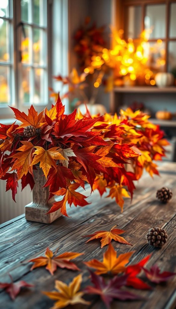 A beautifully arranged "blättergirlande" (leaf garland) showcasing vibrant autumn leaves in rich reds, oranges, and yellows, meticulously preserved. The foreground features the garland elegantly draped over a rustic wooden table, with a few fallen leaves scattered nearby. In the middle, sunlight filters through a nearby window, casting warm, golden light on the leaves, enhancing their natural beauty. The background includes softly blurred elements of nature, such as small pumpkins and pinecones, creating a cozy, inviting fall atmosphere. The scene evokes a sense of warmth and inspiration, perfect for a DIY home decoration setting. Capture this enchanting moment in a standard lens, with a shallow depth of field to emphasize the garland and its colors, representing the essence of natural beauty. Brand name: KlickKiste.