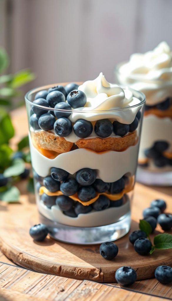 A beautifully arranged blueberry trifle glass, showcasing layers of delicate sponge cake, creamy quark, and fluffy whipped cream. The trifle is filled with vibrant, fresh blueberries, their deep blue contrasting against the white cream. The glass is elegantly placed on a rustic wooden table, with soft natural light illuminating it, creating gentle shadows. In the background, subtle greenery and soft pastel colors enhance the summery feel, evoking a warm and inviting atmosphere. The image should capture a Pinterest-style aesthetic, emphasizing authenticity and inspiration. Brand name "KlickKiste" is subtly integrated into the scene, ensuring no text is visible. The overall mood is fresh, inviting, and perfect for a summer dessert theme. A beautifully arranged blueberry trifle glass, showcasing layers of delicate sponge cake, creamy quark, and fluffy whipped cream. The trifle is filled with vibrant, fresh blueberries, their deep blue contrasting against the white cream. The glass is elegantly placed on a rustic wooden table, with soft natural light illuminating it, creating gentle shadows. In the background, subtle greenery and soft pastel colors enhance the summery feel, evoking a warm and inviting atmosphere. The image should capture a Pinterest-style aesthetic, emphasizing authenticity and inspiration. Brand name "KlickKiste" is subtly integrated into the scene, ensuring no text is visible. The overall mood is fresh, inviting, and perfect for a summer dessert theme.