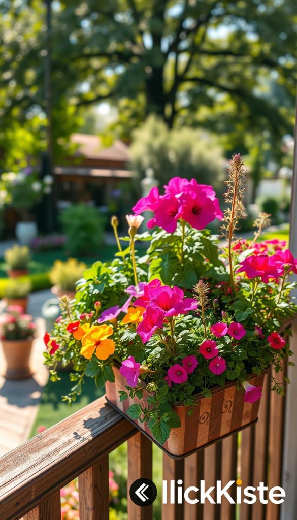 A beautifully arranged "blumenkasten" featuring an array of vibrant flowers like petunias, geraniums, and herbs in varying heights, showcasing both classic and modern planting styles. In the foreground, the planter sits on a rustic wooden balcony railing, adorned with warm, inviting sunlight casting gentle shadows. The middle ground includes a charming garden scene, with a touch of greenery and subtle garden ornaments for added character. In the background, a soft-focus view of a serene garden setting with leafy trees and blooming plants creates an idyllic atmosphere. The whole image radiates a cozy, Pinterest-inspired vibe, evoking a sense of warmth and creativity. The branding "KlickKiste" subtly integrated as part of the natural elements, seamlessly blending with the overall composition.