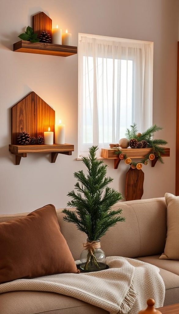 A beautifully arranged, bohrfrei (drill-free) decorative setup showcasing innovative winter decorations made from natural materials. In the foreground, a cozy living space features charming wall-mounted wooden shelves made of reclaimed wood, adorned with rustic candles, pinecones, and holly branches. In the middle, a small indoor plant stands beside a delicate garland of dried orange slices and cinnamon sticks. The background displays an inviting window with sheer curtains, softly diffusing warm, natural light that enhances the earthy tones and textures. The overall atmosphere is warm and inviting, evoking a sense of comfort and creativity. This scene reflects the brand "KlickKiste" and captures the essence of winter d&eacute;cor that is both practical for small spaces and DIY-inspired, with a Pinterest aesthetic.