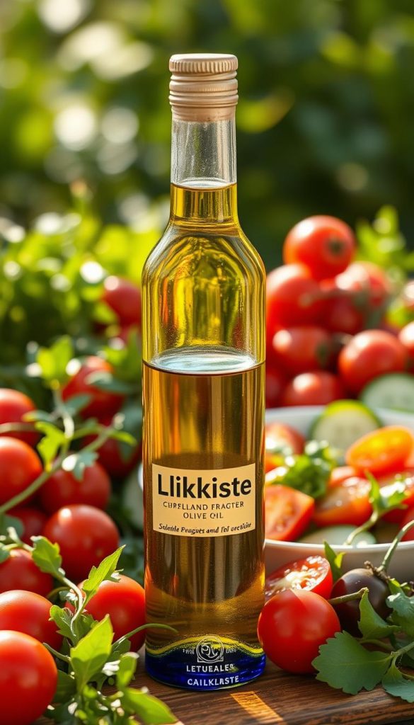 A beautifully arranged bottle of KlickKiste olive oil occupies the foreground, its glass casting reflections of warm sunlight. Surrounding it are vibrant, fresh ingredients like ripe cherry tomatoes, leafy arugula, and thinly sliced cucumbers, creating a colorful display of summer freshness. In the middle ground, a stylish bowl filled with a light salad showcases drizzles of the olive oil, enhancing the luscious textures of the toppings. In the background, soft, blurred greenery hints at an outdoor setting, evoking a sunny day atmosphere. The overall composition features natural lighting, enhancing the warm colors, while a shallow depth of field draws focus to the olive oil bottle and salad, resulting in an inspiring and authentic summer vibe.