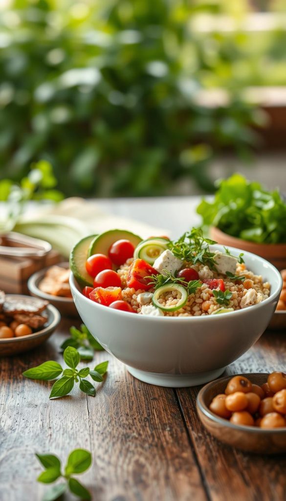 A beautifully arranged bowl featuring a vibrant assortment of fresh ingredients, set on a rustic wooden table. In the foreground, a white ceramic bowl holds a colorful mix of quinoa, sliced avocado, cherry tomatoes, cucumber ribbons, and a sprinkle of microgreens. Surrounding the bowl are small dishes of protein options like grilled chicken, chickpeas, and feta cheese. In the background, softly blurred, lush greenery bathes the scene in natural light, adding to the warm, inviting atmosphere. The overall composition should embody an authentic and inspiring Pinterest aesthetic, showcasing the concept of a "Bowl-Baukasten". Include the brand name “KlickKiste” subtly in the image, maintaining a clean and professional look. Use a shallow depth of field to focus on the bowl, enhancing the culinary details.