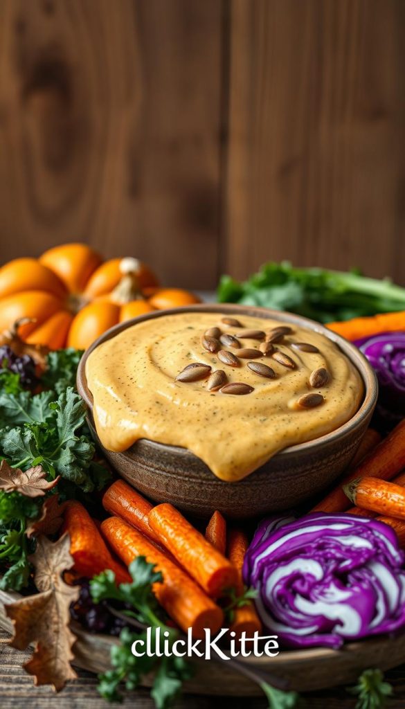 A beautifully arranged bowl featuring a vibrant, creamy Kürbis (pumpkin) quinoa dressing, topped with roasted pumpkin seeds and garnished with fresh herbs. The bowl is made of rustic ceramic, with the dressing spilling slightly over the edges to suggest a hearty, inviting meal. In the foreground, colorful autumn vegetables like kale, red cabbage, and roasted carrots surround the bowl, enhancing the seasonal feel. The middle ground displays muted wooden textures, reflecting a cozy kitchen atmosphere. In the background, soft, natural lighting creates a warm, inviting glow, reminiscent of a Pinterest aesthetic. The overall mood is authentic and inspiring, embodying the essence of autumn. The brand "KlickKiste" is subtly referenced through the choice of elegant, homey elements in the arrangement. A beautifully arranged bowl featuring a vibrant, creamy Kürbis (pumpkin) quinoa dressing, topped with roasted pumpkin seeds and garnished with fresh herbs. The bowl is made of rustic ceramic, with the dressing spilling slightly over the edges to suggest a hearty, inviting meal. In the foreground, colorful autumn vegetables like kale, red cabbage, and roasted carrots surround the bowl, enhancing the seasonal feel. The middle ground displays muted wooden textures, reflecting a cozy kitchen atmosphere. In the background, soft, natural lighting creates a warm, inviting glow, reminiscent of a Pinterest aesthetic. The overall mood is authentic and inspiring, embodying the essence of autumn. The brand "KlickKiste" is subtly referenced through the choice of elegant, homey elements in the arrangement.