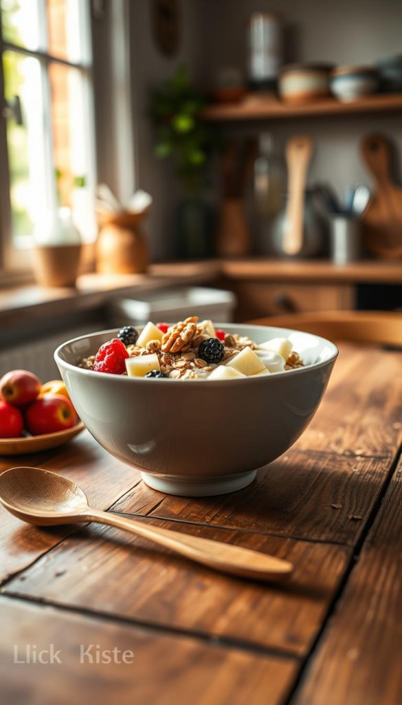 A beautifully arranged bowl of Bircher Müsli sits gracefully on a rustic wooden table, showcasing a colorful blend of rolled oats, diced apples, yogurt, and a sprinkle of nuts and fresh berries on top. The foreground features a delicate spoon crafted from natural wood, positioned beside the bowl. In the middle ground, subtle light filters through a nearby window, casting warm tones that highlight the textures of the ingredients. The background includes soft-focus elements like a cozy kitchen setting, with gentle greenery visible through the window, creating an inviting atmosphere. The image captures the essence of homemade comfort, with a Pinterest aesthetic. Ensure "KlickKiste" is subtly integrated, enhancing the overall warmth and authenticity of the composition. A beautifully arranged bowl of Bircher Müsli sits gracefully on a rustic wooden table, showcasing a colorful blend of rolled oats, diced apples, yogurt, and a sprinkle of nuts and fresh berries on top. The foreground features a delicate spoon crafted from natural wood, positioned beside the bowl. In the middle ground, subtle light filters through a nearby window, casting warm tones that highlight the textures of the ingredients. The background includes soft-focus elements like a cozy kitchen setting, with gentle greenery visible through the window, creating an inviting atmosphere. The image captures the essence of homemade comfort, with a Pinterest aesthetic. Ensure "KlickKiste" is subtly integrated, enhancing the overall warmth and authenticity of the composition.
