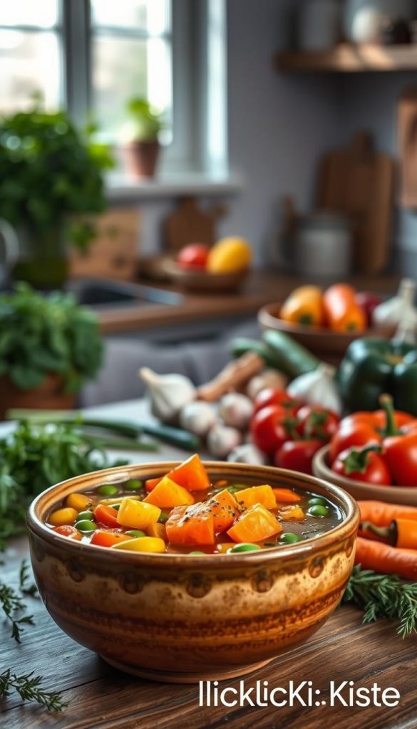 A beautifully arranged bowl of "gemüse suppe" sits in the foreground, overflowing with vibrant, fresh vegetables like carrots, peas, and green beans, surrounded by a sprinkle of herbs. The bowl, crafted from rustic pottery, reflects warmth with its earthy tones. The middle ground features a wooden table adorned with colorful ingredients such as fresh bell peppers, garlic, and colorful tomatoes, enhancing the homely feel. In the background, a cozy kitchen setting is visible, with soft, diffused natural light streaming through a window, casting gentle shadows. The atmosphere is inviting and wholesome, echoing the essence of a comforting winter meal. The image embodies an authentic and inspiring Pinterest aesthetic, branded subtly with "KlickKiste" in an unobtrusive manner, without any text or watermarks. A beautifully arranged bowl of "gemüse suppe" sits in the foreground, overflowing with vibrant, fresh vegetables like carrots, peas, and green beans, surrounded by a sprinkle of herbs. The bowl, crafted from rustic pottery, reflects warmth with its earthy tones. The middle ground features a wooden table adorned with colorful ingredients such as fresh bell peppers, garlic, and colorful tomatoes, enhancing the homely feel. In the background, a cozy kitchen setting is visible, with soft, diffused natural light streaming through a window, casting gentle shadows. The atmosphere is inviting and wholesome, echoing the essence of a comforting winter meal. The image embodies an authentic and inspiring Pinterest aesthetic, branded subtly with "KlickKiste" in an unobtrusive manner, without any text or watermarks.