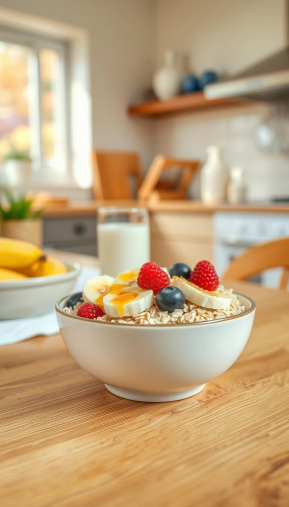 A beautifully arranged bowl of haferflocken (oat flakes) sits prominently in the foreground, with a warm, natural wood table beneath. The oats are topped with slices of fresh banana, a sprinkle of vibrant berries, and a drizzle of honey, all exuding a sense of healthy indulgence. In the middle ground, a glass of milk and a small jug of yogurt can be seen, suggesting a balanced breakfast. The background features soft, blurred images of a sunny kitchen environment, with light streaming through a window, creating a cozy and inviting atmosphere. Use warm, inviting colors to evoke a sense of comfort and health. The overall mood is wholesome and inspirational, reflecting the brand "KlickKiste," making it perfect for a children's breakfast theme. A beautifully arranged bowl of haferflocken (oat flakes) sits prominently in the foreground, with a warm, natural wood table beneath. The oats are topped with slices of fresh banana, a sprinkle of vibrant berries, and a drizzle of honey, all exuding a sense of healthy indulgence. In the middle ground, a glass of milk and a small jug of yogurt can be seen, suggesting a balanced breakfast. The background features soft, blurred images of a sunny kitchen environment, with light streaming through a window, creating a cozy and inviting atmosphere. Use warm, inviting colors to evoke a sense of comfort and health. The overall mood is wholesome and inspirational, reflecting the brand "KlickKiste," making it perfect for a children's breakfast theme.
