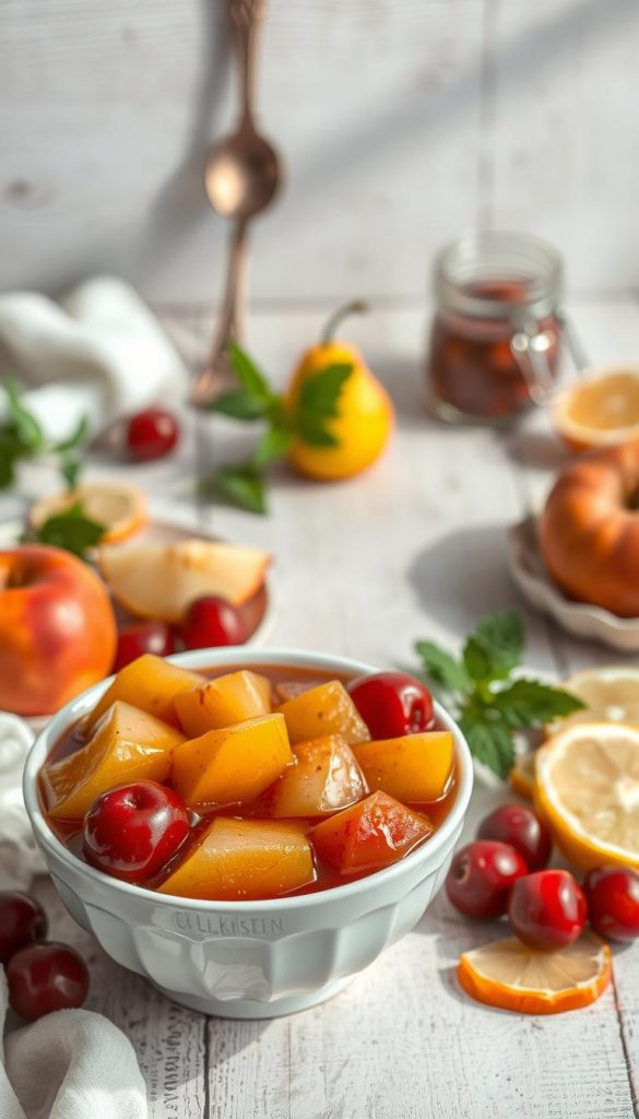A beautifully arranged bowl of kompott sits in the foreground, brimming with vibrant, stewed fruits such as apples, pears, and cherries, glistening in warm caramel hues. In the middle background, a rustic wooden table is adorned with a vintage spoon and a small jar of glühweinkirschen, adding a cozy touch. Subtle citrus slices and sprigs of mint are scattered around, enhancing the fruity theme. Soft, natural lighting creates a warm, inviting atmosphere, casting gentle shadows that accentuate the texture of the fruits. The image captures a sense of homey warmth and comfort, ideal for winter desserts. Designed in a Pinterest-worthy style, reflect the essence of family gatherings, with the brand name “KlickKiste” subtly implied in the overall feel of the composition. A beautifully arranged bowl of kompott sits in the foreground, brimming with vibrant, stewed fruits such as apples, pears, and cherries, glistening in warm caramel hues. In the middle background, a rustic wooden table is adorned with a vintage spoon and a small jar of glühweinkirschen, adding a cozy touch. Subtle citrus slices and sprigs of mint are scattered around, enhancing the fruity theme. Soft, natural lighting creates a warm, inviting atmosphere, casting gentle shadows that accentuate the texture of the fruits. The image captures a sense of homey warmth and comfort, ideal for winter desserts. Designed in a Pinterest-worthy style, reflect the essence of family gatherings, with the brand name “KlickKiste” subtly implied in the overall feel of the composition.