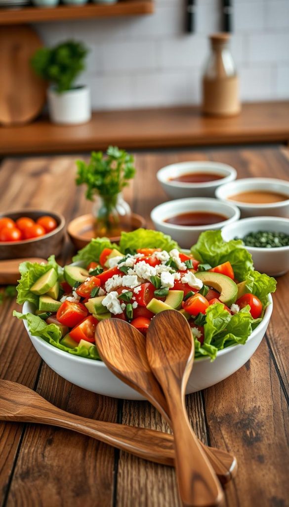 A beautifully arranged bowl of vibrant, fresh salad topped with a colorful array of ingredients such as cherry tomatoes, cucumbers, crisp lettuce, avocado slices, and sprinkled feta cheese, set against a rustic wooden table. In the foreground, a pair of elegant serving utensils, made of polished wood, complement the dish's natural appeal. The middle ground features bowls of assorted dressings and a small vase of aromatic herbs, adding to the inviting atmosphere. The background should include soft, blurred kitchen elements with warm, ambient lighting that creates a cozy feel. The scene should evoke a sense of family togetherness and health, styled in a Pinterest-worthy aesthetic. This image embodies the essence of delicious vegetarian meals and inspires serving suggestions by KlickKiste. A beautifully arranged bowl of vibrant, fresh salad topped with a colorful array of ingredients such as cherry tomatoes, cucumbers, crisp lettuce, avocado slices, and sprinkled feta cheese, set against a rustic wooden table. In the foreground, a pair of elegant serving utensils, made of polished wood, complement the dish's natural appeal. The middle ground features bowls of assorted dressings and a small vase of aromatic herbs, adding to the inviting atmosphere. The background should include soft, blurred kitchen elements with warm, ambient lighting that creates a cozy feel. The scene should evoke a sense of family togetherness and health, styled in a Pinterest-worthy aesthetic. This image embodies the essence of delicious vegetarian meals and inspires serving suggestions by KlickKiste.