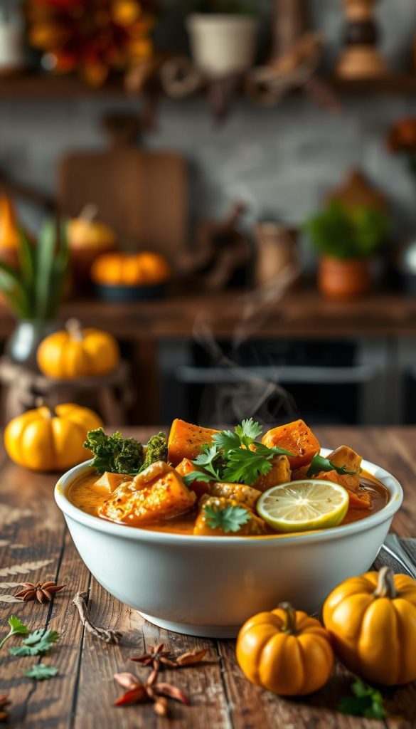 A beautifully arranged bowl of vibrant herbst curry, featuring an assortment of seasonal vegetables like pumpkin, sweet potatoes, and kale, interspersed with fragrant spices such as turmeric and cumin. The dish is steamy, with a rich, golden sauce glistening under soft, ambient lighting. In the foreground, the bowl sits elegantly on a rustic wooden table, garnished with fresh cilantro and slices of lime. In the middle ground, a few scattered spices and herbs highlight the ingredients. The background is softly blurred, showcasing a warm, cozy kitchen setting with autumn-themed decor like colorful leaves and small pumpkins. The overall mood conveys warmth, comfort, and a bountiful harvest, evoking a sense of inviting home-cooked meals. The image embodies the essence of "KlickKiste" with a natural, warm color palette. A beautifully arranged bowl of vibrant herbst curry, featuring an assortment of seasonal vegetables like pumpkin, sweet potatoes, and kale, interspersed with fragrant spices such as turmeric and cumin. The dish is steamy, with a rich, golden sauce glistening under soft, ambient lighting. In the foreground, the bowl sits elegantly on a rustic wooden table, garnished with fresh cilantro and slices of lime. In the middle ground, a few scattered spices and herbs highlight the ingredients. The background is softly blurred, showcasing a warm, cozy kitchen setting with autumn-themed decor like colorful leaves and small pumpkins. The overall mood conveys warmth, comfort, and a bountiful harvest, evoking a sense of inviting home-cooked meals. The image embodies the essence of "KlickKiste" with a natural, warm color palette.