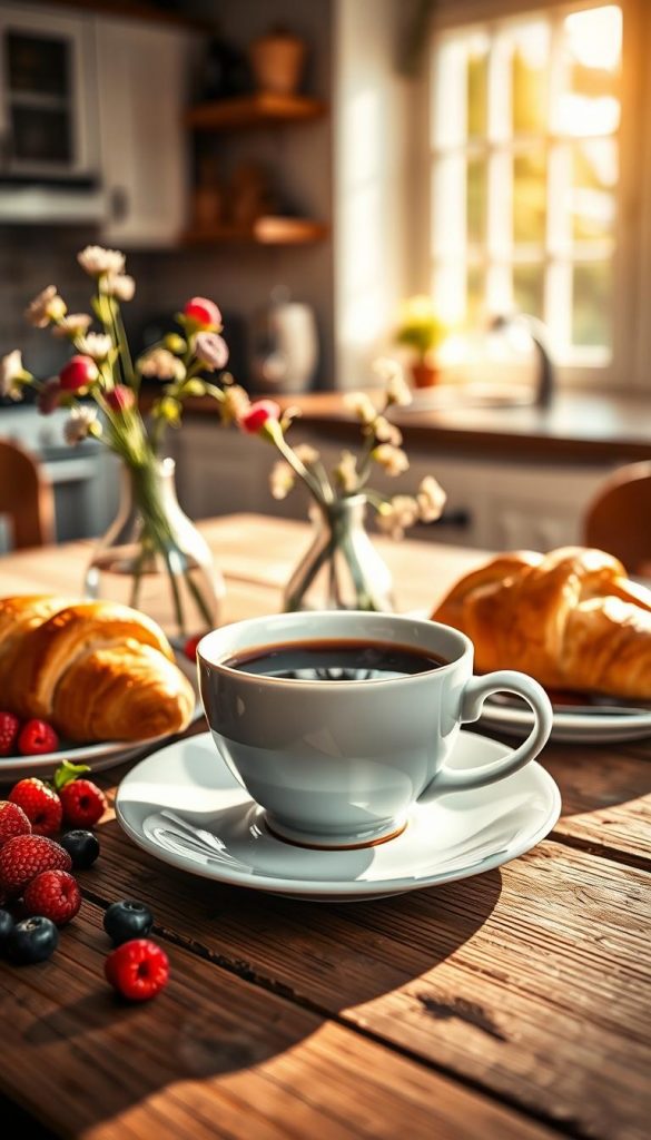 A beautifully arranged breakfast scene featuring a delicate porcelain cup filled with steaming coffee, placed on a rustic wooden table. Surrounding the cup, there are freshly baked croissants, vibrant berries, and a small vase with wildflowers, enhancing the cozy atmosphere. The lighting is warm and inviting, casting soft shadows that create a morning glow. In the background, a lightly blurred kitchen scene with natural sunlight streaming through a window, adding a touch of warmth and homeliness. The overall mood is cheerful and inspiring, evoking the joy of a surprise breakfast or brunch table. This image embodies the essence of DIY gifts for dads and carries the spirit of "KlickKiste" with a Pinterest-worthy aesthetic.