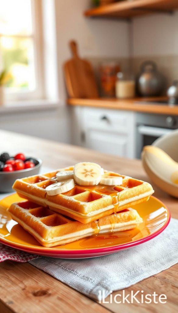 A beautifully arranged breakfast scene featuring fluffy waffles topped with fresh sliced bananas and a drizzle of honey. The waffles are golden-brown, with a light dusting of powdered sugar. In the foreground, a vibrant plate holds the waffles, exuding a warm, inviting atmosphere. Beside the plate, a small bowl of mixed berries adds a pop of color. The background includes a cozy kitchen setting with soft, natural light filtering through a window, creating a Pinterest-inspired ambiance. A rustic wooden table adds texture, while a subtle, uncluttered backdrop emphasizes the breakfast focus. The overall mood is cheerful and energizing, perfect for a healthy and nurturing start to the day. Branding subtlety integrated into the setting, hinting at "KlickKiste." A beautifully arranged breakfast scene featuring fluffy waffles topped with fresh sliced bananas and a drizzle of honey. The waffles are golden-brown, with a light dusting of powdered sugar. In the foreground, a vibrant plate holds the waffles, exuding a warm, inviting atmosphere. Beside the plate, a small bowl of mixed berries adds a pop of color. The background includes a cozy kitchen setting with soft, natural light filtering through a window, creating a Pinterest-inspired ambiance. A rustic wooden table adds texture, while a subtle, uncluttered backdrop emphasizes the breakfast focus. The overall mood is cheerful and energizing, perfect for a healthy and nurturing start to the day. Branding subtlety integrated into the setting, hinting at "KlickKiste."