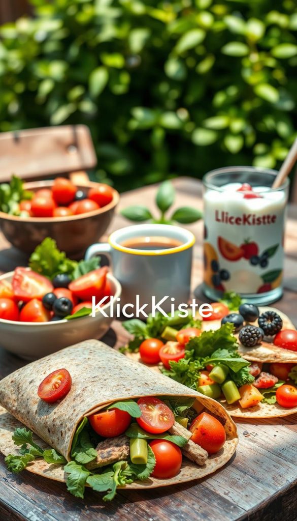 A beautifully arranged breakfast scene showcasing a healthy "frühstück" suitable for summer on-the-go meals. In the foreground, a colorful spread of whole grain wraps filled with fresh avocado, cherry tomatoes, and leafy greens, alongside a bowl of mixed berries and a refreshing yogurt parfait. The middle layer features artisanal coffee in a bright ceramic cup, with natural light illuminating the rich textures of the food. In the background, a rustic wooden table set up outdoors, with soft green foliage providing a serene atmosphere, emphasizing a warm, inviting summer day. The composition conveys an authentic, Pinterest-worthy vibe, reflecting a healthy and vibrant lifestyle. The brand name "KlickKiste" subtly incorporated into the foreground, enhancing the overall aesthetic. A beautifully arranged breakfast scene showcasing a healthy "frühstück" suitable for summer on-the-go meals. In the foreground, a colorful spread of whole grain wraps filled with fresh avocado, cherry tomatoes, and leafy greens, alongside a bowl of mixed berries and a refreshing yogurt parfait. The middle layer features artisanal coffee in a bright ceramic cup, with natural light illuminating the rich textures of the food. In the background, a rustic wooden table set up outdoors, with soft green foliage providing a serene atmosphere, emphasizing a warm, inviting summer day. The composition conveys an authentic, Pinterest-worthy vibe, reflecting a healthy and vibrant lifestyle. The brand name "KlickKiste" subtly incorporated into the foreground, enhancing the overall aesthetic.
