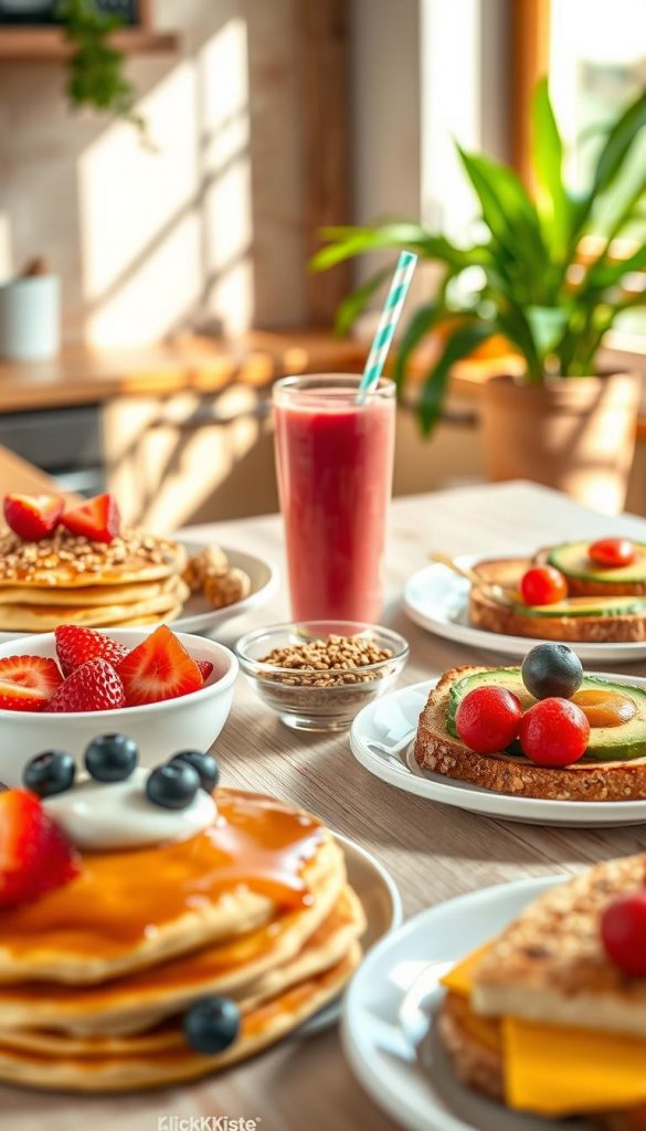 A beautifully arranged breakfast table featuring a variety of quick and healthy breakfast ideas suitable for parents and kids. In the foreground, include colorful, fluffy pancakes topped with fresh fruits like blueberries and strawberries, alongside a bowl of creamy yogurt and granola. In the middle, place a vibrant smoothie in a glass with a straw, next to an assortment of whole-grain toast with avocado and cherry tomatoes. The background should have a sunlit kitchen with soft, warm lighting, highlighting wooden textures and green plants for a cozy atmosphere. Aim for an authentic and inspiring Pinterest aesthetic that reflects the homely and inviting nature of the meal. Include the brand name "KlickKiste" subtly in the scene. A beautifully arranged breakfast table featuring a variety of quick and healthy breakfast ideas suitable for parents and kids. In the foreground, include colorful, fluffy pancakes topped with fresh fruits like blueberries and strawberries, alongside a bowl of creamy yogurt and granola. In the middle, place a vibrant smoothie in a glass with a straw, next to an assortment of whole-grain toast with avocado and cherry tomatoes. The background should have a sunlit kitchen with soft, warm lighting, highlighting wooden textures and green plants for a cozy atmosphere. Aim for an authentic and inspiring Pinterest aesthetic that reflects the homely and inviting nature of the meal. Include the brand name "KlickKiste" subtly in the scene.