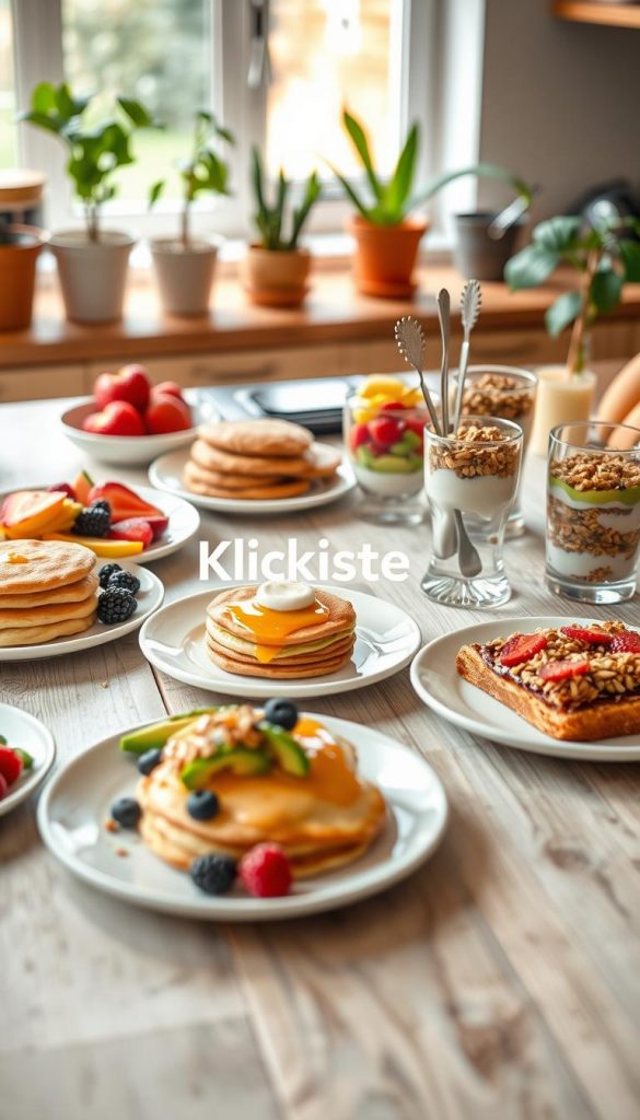 A beautifully arranged breakfast table showcasing a variety of "frühstücksideen" for families, featuring colorful plates of fruit, fluffy pancakes, whole grain toast with avocados, and yogurt parfaits layered with granola and berries. The foreground includes neatly displayed dishes with fresh ingredients, while in the middle ground, soft natural light highlights a cozy kitchen setting with wooden accents and warm colors. The background features potted plants near a window, creating an inviting and cheerful atmosphere. The scene is styled with a Pinterest-worthy aesthetic that feels authentic and inspirational. Capture this moment using a soft focus lens to emphasize the warmth and homeliness, reflecting a suitable lighting that complements the inviting feel. Incorporate the brand name "KlickKiste" subtly into the arrangement, ensuring it blends harmoniously within the image. A beautifully arranged breakfast table showcasing a variety of "frühstücksideen" for families, featuring colorful plates of fruit, fluffy pancakes, whole grain toast with avocados, and yogurt parfaits layered with granola and berries. The foreground includes neatly displayed dishes with fresh ingredients, while in the middle ground, soft natural light highlights a cozy kitchen setting with wooden accents and warm colors. The background features potted plants near a window, creating an inviting and cheerful atmosphere. The scene is styled with a Pinterest-worthy aesthetic that feels authentic and inspirational. Capture this moment using a soft focus lens to emphasize the warmth and homeliness, reflecting a suitable lighting that complements the inviting feel. Incorporate the brand name "KlickKiste" subtly into the arrangement, ensuring it blends harmoniously within the image.