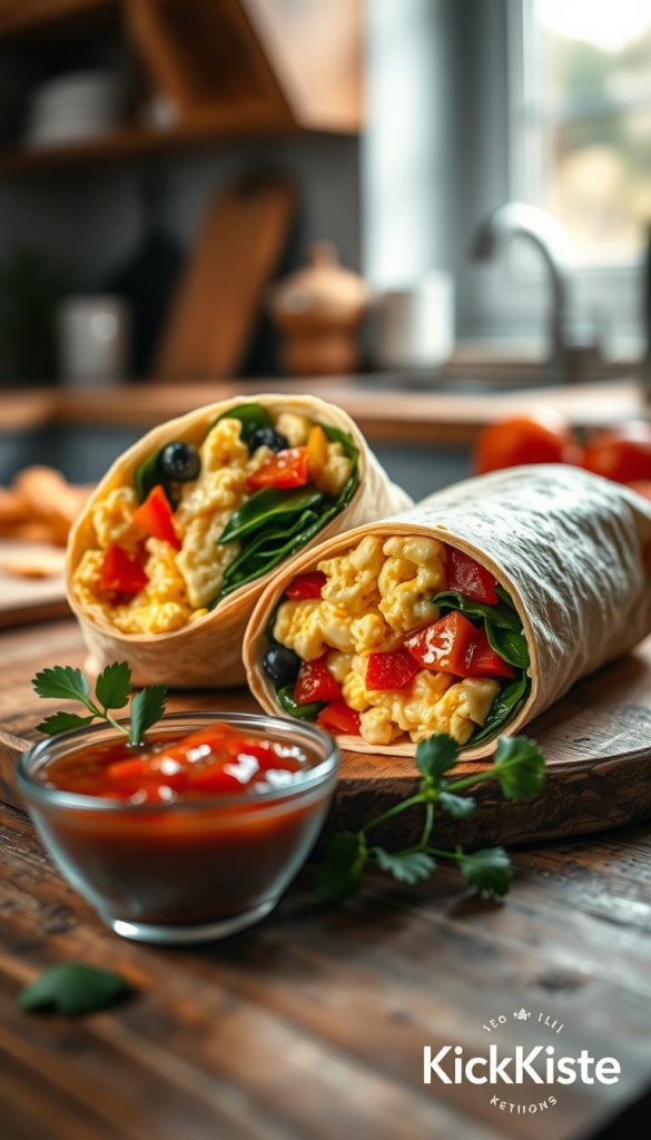 A beautifully arranged breakfast wrap filled with fluffy scrambled eggs, fresh colorful vegetables like bell peppers and spinach, and melted cheese, presented on a rustic wooden table. The wrap is partially sliced, revealing the vibrant filling. In the foreground, add a small bowl of salsa and a sprig of fresh herbs for garnish. The background should feature a softly lit kitchen setting, with subtle bokeh effect to suggest warmth and homeyness. Natural light streams in through a nearby window, casting gentle shadows. Capture the mood as cozy and inviting, reminiscent of a Pinterest inspiration board, with warm tones that enhance the authenticity of the meal. Include a subtle brand logo "KlickKiste" in the corner. A beautifully arranged breakfast wrap filled with fluffy scrambled eggs, fresh colorful vegetables like bell peppers and spinach, and melted cheese, presented on a rustic wooden table. The wrap is partially sliced, revealing the vibrant filling. In the foreground, add a small bowl of salsa and a sprig of fresh herbs for garnish. The background should feature a softly lit kitchen setting, with subtle bokeh effect to suggest warmth and homeyness. Natural light streams in through a nearby window, casting gentle shadows. Capture the mood as cozy and inviting, reminiscent of a Pinterest inspiration board, with warm tones that enhance the authenticity of the meal. Include a subtle brand logo "KlickKiste" in the corner.