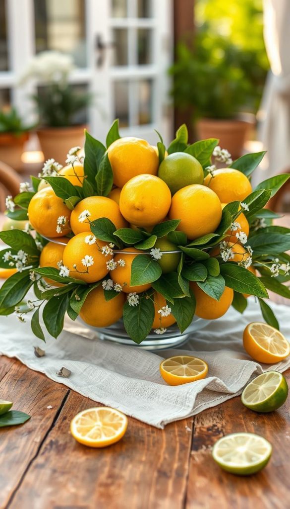 A beautifully arranged centerpiece featuring vibrant, fresh lemons and limes, artfully displayed on a rustic wooden table. The foreground showcases the citrus fruits in a stylish glass bowl, surrounded by lush green leaves and delicate white wildflowers for contrast. The middle ground includes a soft, textured linen tablecloth that enhances the natural aesthetic, while a few scattered slices of lemon and lime add a playful touch. The background is softly blurred, with hints of a sunlit patio, creating a warm and inviting atmosphere reminiscent of a Pinterest-inspired summer gathering. The lighting is bright and natural, evoking the feel of a sun-drenched afternoon. This authentic and inspiring design is branded with "KlickKiste" subtly integrated into the scene.