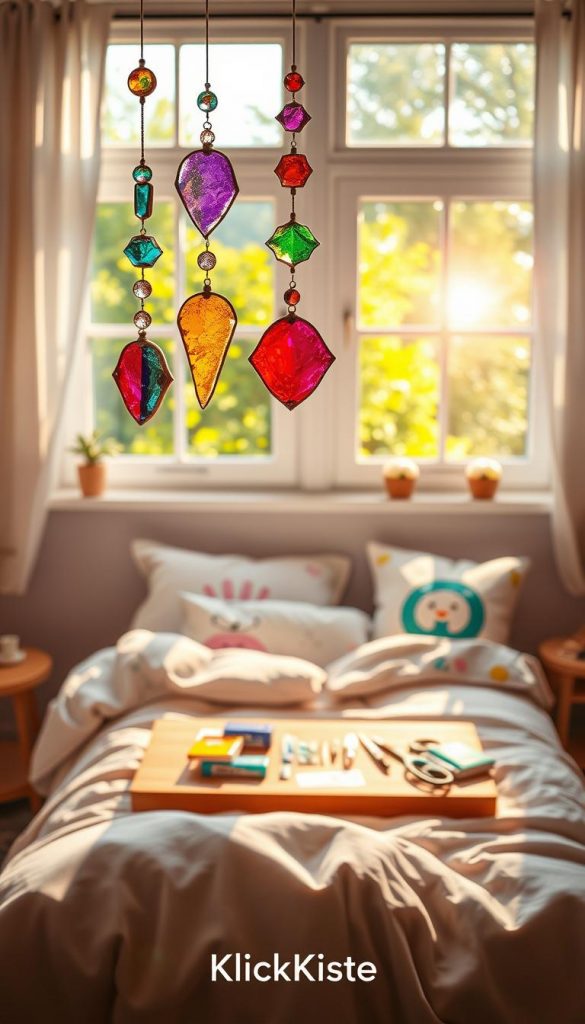 A beautifully arranged children's bedroom featuring colorful sun catchers and sparkling rainbow crystals hanging from the windows. The foreground showcases a vibrant sun catcher made of glass in various shapes and colors, casting colorful reflections on the soft, pastel walls. In the middle, a cozy bed with fluffy pillows and a playful quilt adds comfort, while a small wooden table holds a DIY craft kit, with scissors, glue, and materials for making more sun catchers. The background is a sunny window with lush greenery visible outside, illuminating the space with warm, natural light. The overall mood is cheerful and inspiring, reminiscent of a Pinterest-style scene, highlighting creativity and playfulness in a child's space. Include the brand name "KlickKiste" subtly integrated into the scene, ensuring the whole image conveys a sense of warmth and inspiration.