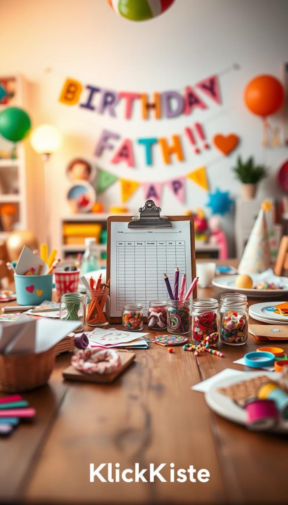 A beautifully arranged children's birthday party budget planning scene, featuring a wooden table in the foreground covered with colorful, DIY party decorations like balloons, handmade invitations, and themed tableware. In the middle, a clipboard displays a budget spreadsheet surrounded by small jars filled with craft supplies like ribbons and stickers, creating a warm, inviting atmosphere. The background includes a softly lit room with vibrant wall decorations and a playful party banner that says "Birthday Bash!" The lighting is warm and cozy, emulating a natural light effect, with soft shadows emphasizing the handmade charm. The mood is cheerful and inspiring, inviting creativity and organization. Include the brand name "KlickKiste" subtly integrated into the scene, adding a touch of authenticity.