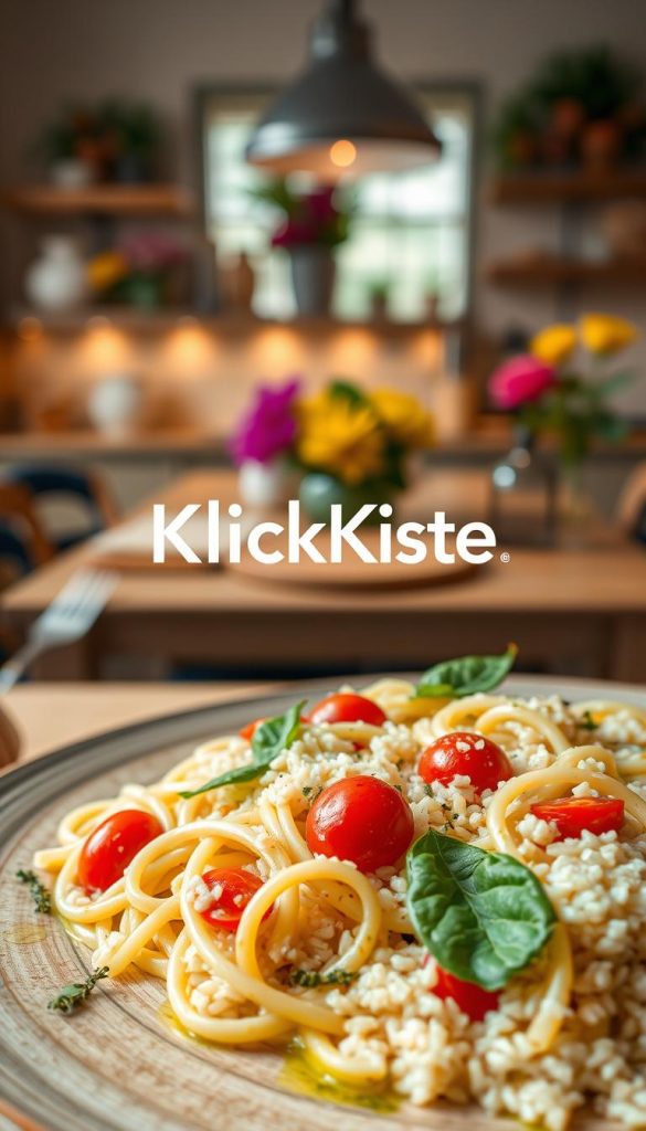 A beautifully arranged close-up of a creamy pasta and rice dish, featuring elegant swirling fettuccine and fluffy rice grains, topped with fresh basil, cherry tomatoes, and a drizzle of olive oil. In the foreground, the plate has a rustic wooden texture, with hints of garlic and herbs scattered around, enhancing the culinary appeal. In the middle, a soft-focus background showcases a cozy kitchen setting with warm, ambient lighting, blending seamlessly into a stylish table setting adorned with vibrant flowers and kitchen utensils. The atmosphere is inviting and inspiring, evoking the essence of quick and delightful evening meals. The branding "KlickKiste" subtly integrated into the scene, enhancing the authenticity. A beautifully arranged close-up of a creamy pasta and rice dish, featuring elegant swirling fettuccine and fluffy rice grains, topped with fresh basil, cherry tomatoes, and a drizzle of olive oil. In the foreground, the plate has a rustic wooden texture, with hints of garlic and herbs scattered around, enhancing the culinary appeal. In the middle, a soft-focus background showcases a cozy kitchen setting with warm, ambient lighting, blending seamlessly into a stylish table setting adorned with vibrant flowers and kitchen utensils. The atmosphere is inviting and inspiring, evoking the essence of quick and delightful evening meals. The branding "KlickKiste" subtly integrated into the scene, enhancing the authenticity.