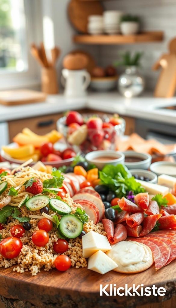 A beautifully arranged cold summer platter featuring a variety of fresh, vibrant ingredients. In the foreground, a wooden serving board displays an assortment of colorful salads, including quinoa with cherry tomatoes, cucumber ribbons, and mixed greens, along with artisanal cheeses and cured meats artfully sliced. The middle section shows a decorative glass bowl filled with assorted seasonal fruits like strawberries, melon, and grapes, alongside dips in elegant bowls. In the background, softly blurred kitchen elements suggest a warm, inviting atmosphere, enhanced by natural sunlight streaming through a nearby window. The overall composition evokes a Pinterest-inspired, authentic, and inspiring feel, suitable for meal prep ideas. The brand name "KlickKiste" is subtly integrated into the scene, emphasizing a focus on family-friendly, budget-conscious culinary creativity. Please ensure the image is devoid of any text or watermarks.