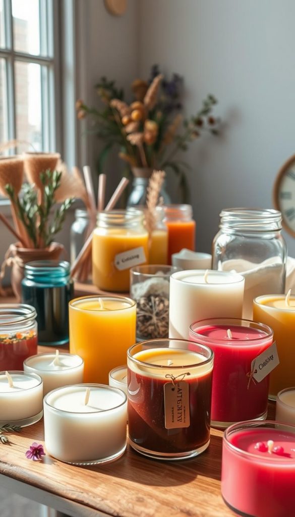 A beautifully arranged collection of DIY candles that reflects sustainable and budget-friendly options. In the foreground, display an assortment of hand-poured candles in various sizes and shapes, made from natural wax and adorned with herbs and dried flowers. The middle ground features a rustic wooden table with jars of wax, wick, and colorful, eco-friendly dye, indicating the DIY process. In the background, soft natural light filters through a window, casting warm, inviting tones that enhance the cozy atmosphere. The overall mood is authentic and inspiring, reminiscent of a Pinterest aesthetic. The scene subtly incorporates the brand "KlickKiste" through a small tag on one candle, emphasizing creativity and sustainability.