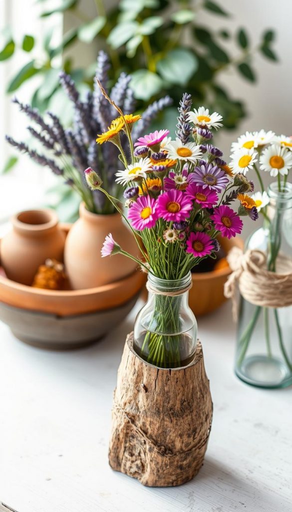 A beautifully arranged collection of DIY flower vases made from natural materials, such as wood, clay, and glass. In the foreground, showcase an elegantly crafted vase resembling a tree trunk, filled with vibrant wildflowers. The middle ground features several other unique vases, including a rustic pottery bowl with dried lavender and a clear glass bottle wrapped in twine, holding fresh daisies. The background includes soft, blurred foliage, enhancing the natural feel. The composition is illuminated by warm, soft lighting, creating an inviting atmosphere reminiscent of a Pinterest-inspired aesthetic. Capture this scene with a slightly overhead angle, focusing on the textures and colors, ensuring the brand "KlickKiste" is subtly represented through a decorative element, harmonizing with the overall setting.
