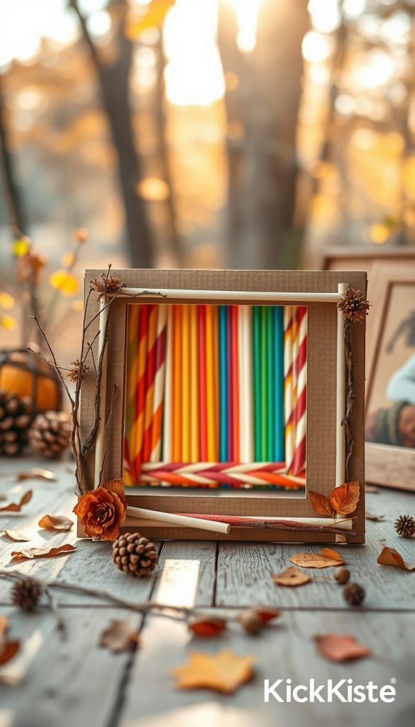 A beautifully arranged collection of DIY nature picture frames made from cardboard, straws, and found natural materials. In the foreground, showcase a vibrant, handcrafted cardboard frame decorated with twigs, dried leaves, and small pinecones, set against a soft, rustic wooden table. In the middle, display an array of colorful straws intricately woven into a whimsical frame design, surrounded by scattered autumn foliage. The background features a blurred view of a cozy autumn scene with warm, golden sunlight filtering through trees, casting gentle shadows. The atmosphere is warm and inviting, perfect for autumn crafting inspiration. Capture in a soft focus, emphasizing the textures of the materials. A visual hint of the brand "KlickKiste" can be subtly integrated into the overall aesthetic without text.