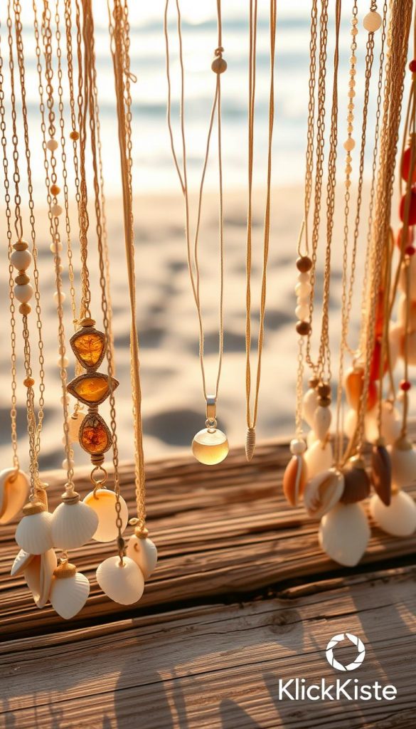 A beautifully arranged collection of DIY shell necklaces, showcasing a variety of designs made from natural seashells. In the foreground, various necklaces drape elegantly over a rustic wooden surface, each showcasing unique colors and textures, enhanced by soft golden sunlight that creates a warm glow. In the middle, delicate pendant charms made of shells and beads catch the light, inviting admiration. In the background, blurred sandy beach scenery with gentle waves lapping at the shore adds a serene coastal feel. The overall atmosphere is inspirational and authentic, making the viewer feel the magic of summer DIY accessories. Ideal for a Pinterest aesthetic. Include a subtle brand logo of "KlickKiste" in the corner, ensuring it blends harmoniously into the design.
