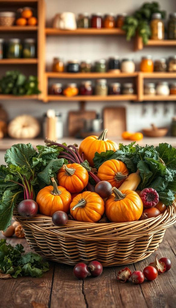 A beautifully arranged collection of autumn vegetables on a rustic wooden table, including vibrant pumpkins, rich beets, golden squash, and a variety of fresh greens, such as kale and Swiss chard. The foreground features a woven basket overflowing with these seasonal harvests, embodying the essence of "herbst gemüse." In the middle ground, a cozy kitchen setting is visible, with warm, soft lighting that highlights the textures of the vegetables and creates an inviting atmosphere. A blurred background showcases wooden shelves filled with jars of preserved vegetables and herbs, enhancing the homely vibe. The overall mood is warm and inspiring, reminiscent of Pinterest aesthetics. Design elements reflect the brand "KlickKiste," emphasizing a natural and authentic feel, making the image perfect for the theme of clever seasonal cooking.