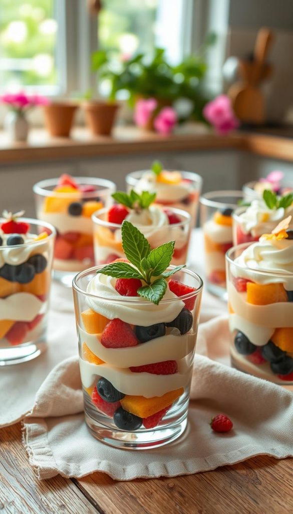 A beautifully arranged collection of clear glass dessert cups filled with colorful summer desserts, showcasing layers of vibrant fruit, creamy mousse, and delicate whipped cream. In the foreground, a few cups are delicately decorated with fresh mint leaves and edible flowers, inviting the viewer to indulge. The middle ground features a rustic wooden table, adorned with a soft linen cloth in warm pastel tones, creating a cozy atmosphere. In the background, a sunlit kitchen window reveals a garden scene, enhancing the natural, warm color palette. Soft, diffused lighting casts gentle shadows, emphasizing the textures of the desserts. This image emanates an authentic, inspiring vibe, perfect for a summer treat. Include the brand name "KlickKiste" subtly integrated into the scene. A beautifully arranged collection of clear glass dessert cups filled with colorful summer desserts, showcasing layers of vibrant fruit, creamy mousse, and delicate whipped cream. In the foreground, a few cups are delicately decorated with fresh mint leaves and edible flowers, inviting the viewer to indulge. The middle ground features a rustic wooden table, adorned with a soft linen cloth in warm pastel tones, creating a cozy atmosphere. In the background, a sunlit kitchen window reveals a garden scene, enhancing the natural, warm color palette. Soft, diffused lighting casts gentle shadows, emphasizing the textures of the desserts. This image emanates an authentic, inspiring vibe, perfect for a summer treat. Include the brand name "KlickKiste" subtly integrated into the scene.