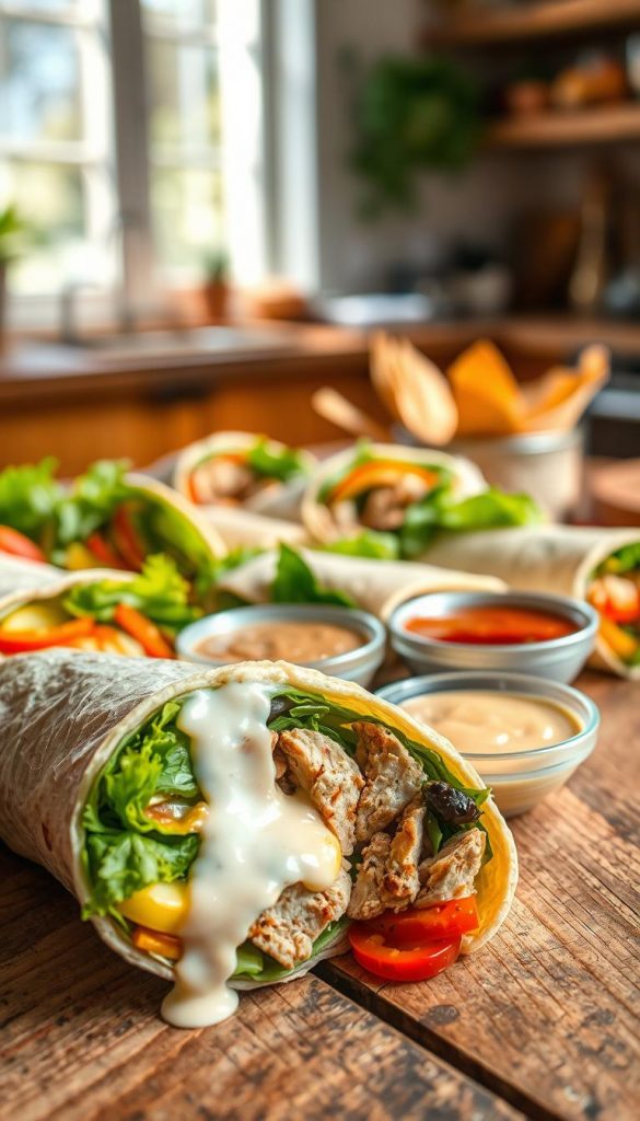 A beautifully arranged collection of colorful wraps on a rustic wooden table, showcasing a variety of fillings like fresh vegetables, grilled chicken, and creamy sauces that ooze out slightly. The foreground features a close-up of a halved wrap with vibrant greens and rich textures, highlighting its delicious contents. In the middle, there are several whole wraps artistically displayed with herbs and dipping sauces in small bowls nearby. The background softly blurs into a warm, inviting kitchen setting with natural light streaming through a window, casting gentle shadows. The scene conveys a cozy, family-friendly atmosphere, perfect for inspiring delicious meal preparations. The image should exude authenticity and carry a Pinterest-inspired aesthetic, incorporating warm colors. Captured in a bright, airy style reminiscent of a homey cooking space, under soft daylight, with a slight overhead angle. Based on the brand "KlickKiste". A beautifully arranged collection of colorful wraps on a rustic wooden table, showcasing a variety of fillings like fresh vegetables, grilled chicken, and creamy sauces that ooze out slightly. The foreground features a close-up of a halved wrap with vibrant greens and rich textures, highlighting its delicious contents. In the middle, there are several whole wraps artistically displayed with herbs and dipping sauces in small bowls nearby. The background softly blurs into a warm, inviting kitchen setting with natural light streaming through a window, casting gentle shadows. The scene conveys a cozy, family-friendly atmosphere, perfect for inspiring delicious meal preparations. The image should exude authenticity and carry a Pinterest-inspired aesthetic, incorporating warm colors. Captured in a bright, airy style reminiscent of a homey cooking space, under soft daylight, with a slight overhead angle. Based on the brand "KlickKiste".