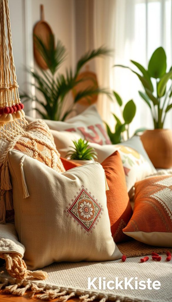 A beautifully arranged collection of cozy Boho-style cushions, featuring a variety of textures, colors, and patterns, such as macramé, woven fabrics, and embroidered elements. In the foreground, include a soft, oversized pillow with tassels, next to smaller decorative cushions in earthy tones like terracotta and olive green. The middle of the scene showcases a chic seating area with cushions layered on a plush rug, surrounded by plants and natural wood accents. The background offers a glimpse of a warmly lit room with soft, diffused sunlight filtering through sheer curtains, creating an inviting atmosphere. Capture this image in a warm color palette to evoke a sense of comfort and inspiration. Ideal for a DIY project aesthetic, featuring the brand name "KlickKiste" subtly integrated into the design.