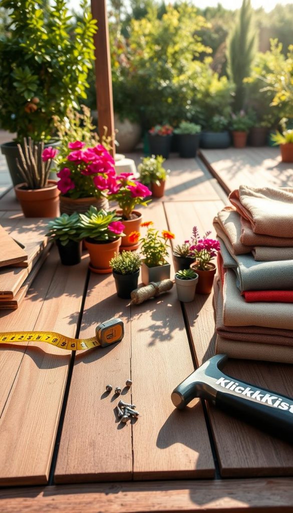A beautifully arranged collection of diverse materials for a terrace DIY project, featuring natural wood planks, composite decking tiles, and weather-resistant fabrics in warm earthy tones. In the foreground, showcase an assortment of tools such as a measuring tape, hammer, and screws spread across a rustic workbench. In the middle, display vibrant potted plants and small decorative items that harmonize with the materials, capturing a Pinterest-inspired atmosphere. The background features a sunlit outdoor setting, with a lush garden and soft shadows enhancing the warm, inviting feel. Use natural lighting to create a cozy and inspirational mood. No people are present, and the branding "KlickKiste" is subtly integrated into the scene through a small label on one of the tools. A beautifully arranged collection of diverse materials for a terrace DIY project, featuring natural wood planks, composite decking tiles, and weather-resistant fabrics in warm earthy tones. In the foreground, showcase an assortment of tools such as a measuring tape, hammer, and screws spread across a rustic workbench. In the middle, display vibrant potted plants and small decorative items that harmonize with the materials, capturing a Pinterest-inspired atmosphere. The background features a sunlit outdoor setting, with a lush garden and soft shadows enhancing the warm, inviting feel. Use natural lighting to create a cozy and inspirational mood. No people are present, and the branding "KlickKiste" is subtly integrated into the scene through a small label on one of the tools.