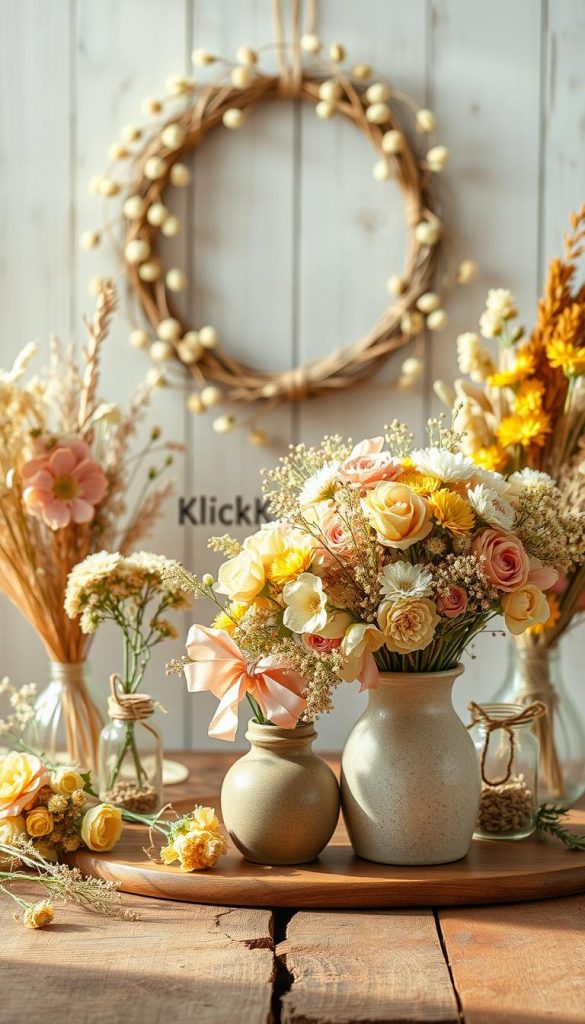 A beautifully arranged collection of dried flowers, featuring delicate pastel hues such as soft pinks, warm yellows, and muted greens. In the foreground, a rustic wooden table supports an elegant bouquet in a ceramic vase, surrounded by smaller clusters of dried flowers in charming glass jars. The middle ground showcases a whimsical dried flower wreath, delicately crafted with natural twine, perched against a softly blurred rustic backdrop of light neutral colors, evoking a cozy, homey atmosphere. The lighting is warm and natural, reminiscent of a sunlit afternoon, enhancing the organic textures of the flowers. The overall mood is serene and inspiring, perfect for DIY decor ideas. The brand name "KlickKiste" subtly integrates into the scene as part of the arrangement's aesthetic.