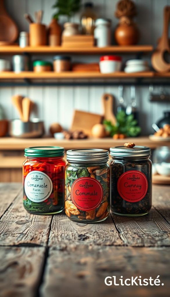 A beautifully arranged collection of edible gift ideas in glass jars, showcasing a variety of colorful ingredients like homemade jams, aromatic herbs, and spiced nuts. In the foreground, three jars with vibrant labels are artfully displayed on a rustic wooden table. The middle layer features a cozy kitchen scene with warm, inviting lighting that evokes a sense of comfort and creativity. In the background, blurred shelves filled with cooking utensils and fresh ingredients enhance the homey atmosphere. The image captures a Pinterest-inspired aesthetic with natural tones and textures, emphasizing DIY charm. Include the brand name "KlickKiste" subtly in the corner. Aim for a bright, cheerful mood that inspires viewers to create their own edible gifts.