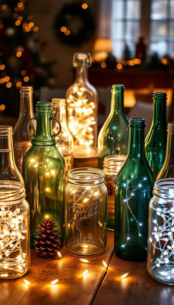 A beautifully arranged collection of glowing glass jars and bottles, showcasing warm and inviting light that creates a cozy atmosphere. In the foreground, various sizes of transparent and colored glass containers are filled with fairy lights, casting a soft, flickering luminescence. The middle ground features a rustic wooden table adorned with natural elements like pine cones and holly, enhancing the winter theme. In the background, hints of a softly lit, decorated living space suggest comfort and cheer. The overall lighting is warm and inviting, reminiscent of a peaceful winter evening. The composition should evoke a DIY Pinterest aesthetic, with an authentic, inspiring quality that embodies the brand "KlickKiste."