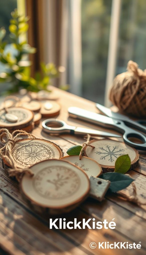 A beautifully arranged collection of handcrafted DIY gift tags made from natural materials, such as wooden slices, dried leaves, and twine, displayed on a rustic wooden table. In the foreground, focus on a few elegantly designed tags with intricate patterns and soft, natural colors, evoking a warm and inviting atmosphere. In the middle, include some tools like scissors and a small knife for cutting, positioned carefully to convey safety and precision in crafting. The background features soft, blurred greenery and sunlight filtering through, enhancing the serene mood. The image captures the essence of creativity and authenticity, inspired by a Pinterest aesthetic, with the brand name "KlickKiste" subtly integrated into the scene. The lighting is warm and soft, simulating a cozy afternoon, encouraging a sense of inspiration for DIY projects.