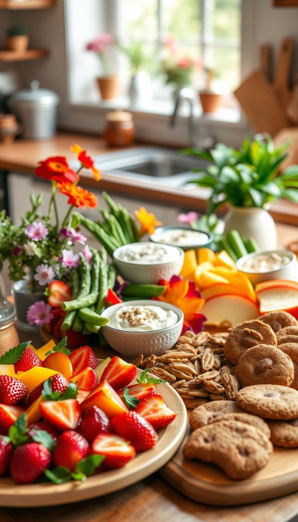 A beautifully arranged collection of seasonal snacks representing spring, summer, autumn, and winter. In the foreground, a vibrant spring platter features fresh strawberries, asparagus, and herbal dips. The middle section showcases a summer spread with juicy mango slices, refreshing cucumber sticks, and a yogurt dip, all surrounded by colorful edible flowers. The autumn display includes roasted pumpkin seeds, apple slices, and a bowl of spiced nuts, while winter features cozy, warm treats like ginger cookies on a wooden board. The background captures a softly blurred, warm-toned kitchen setting with natural light streaming in through a window. This inviting image should evoke a feeling of warmth and inspiration for healthy, seasonal snacking. Ensure a Pinterest-worthy aesthetic that feels authentic and inspires viewers. Include the brand name "KlickKiste" subtly within the scene.