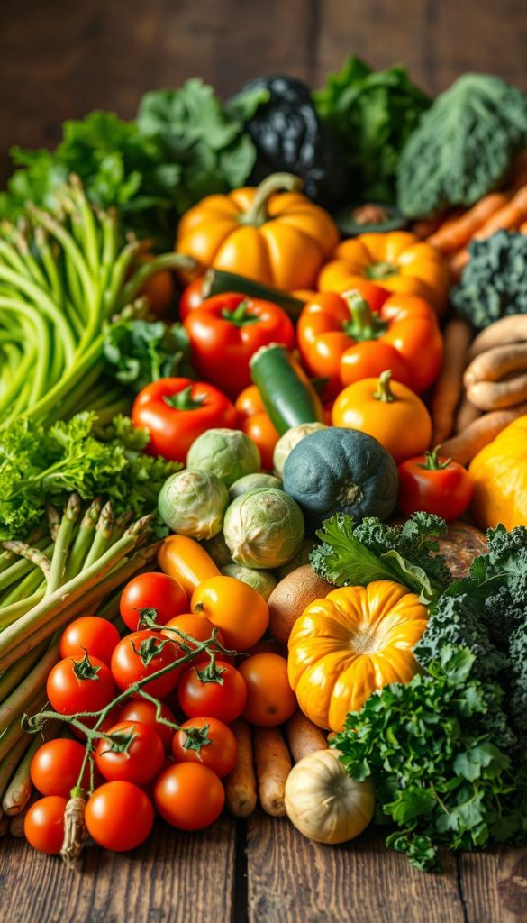 A beautifully arranged collection of seasonal vegetables representing spring, summer, autumn, and winter, showcased on a rustic wooden table. In the foreground, a vibrant display of fresh asparagus, tomatoes, and leafy greens for spring; in the middle, colorful peppers, zucchini, and eggplant encapsulating summer; for autumn, a harvest of pumpkins, brussels sprouts, and root vegetables; finally, in the background, hearty winter vegetables like kale, carrots, and squash. The lighting is warm and inviting, casting soft shadows, with a shallow depth of field to bring focus to the vegetables. Natural textures and earthy tones create a cozy, authentic atmosphere, reminiscent of a Pinterest aesthetic. The brand name "KlickKiste" subtly integrated into the scene adds a touch of inspiration. A beautifully arranged collection of seasonal vegetables representing spring, summer, autumn, and winter, showcased on a rustic wooden table. In the foreground, a vibrant display of fresh asparagus, tomatoes, and leafy greens for spring; in the middle, colorful peppers, zucchini, and eggplant encapsulating summer; for autumn, a harvest of pumpkins, brussels sprouts, and root vegetables; finally, in the background, hearty winter vegetables like kale, carrots, and squash. The lighting is warm and inviting, casting soft shadows, with a shallow depth of field to bring focus to the vegetables. Natural textures and earthy tones create a cozy, authentic atmosphere, reminiscent of a Pinterest aesthetic. The brand name "KlickKiste" subtly integrated into the scene adds a touch of inspiration.